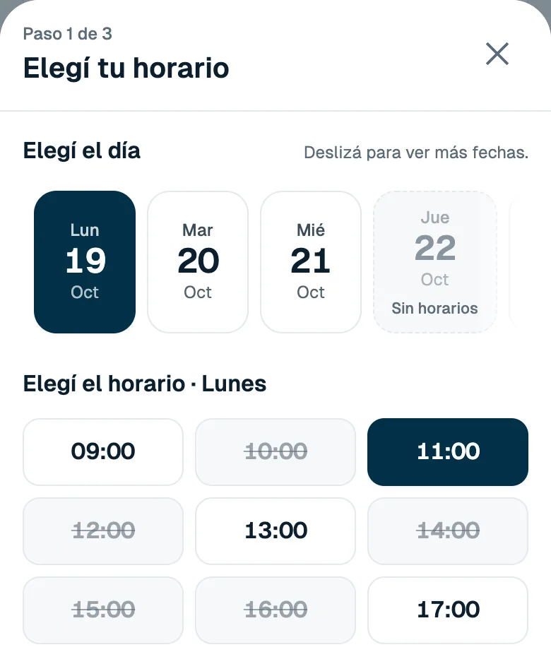 Pantalla real de AgendApp en el celular del paciente: elige el día y el horario de su turno